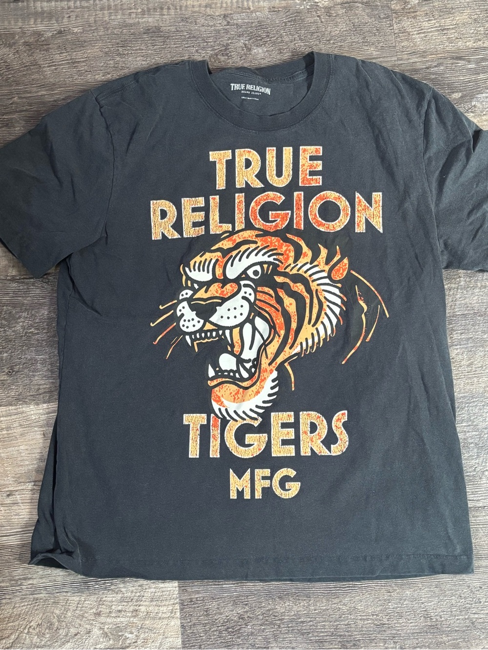 True Religion Black Tee with Orange & White Tiger Graphic